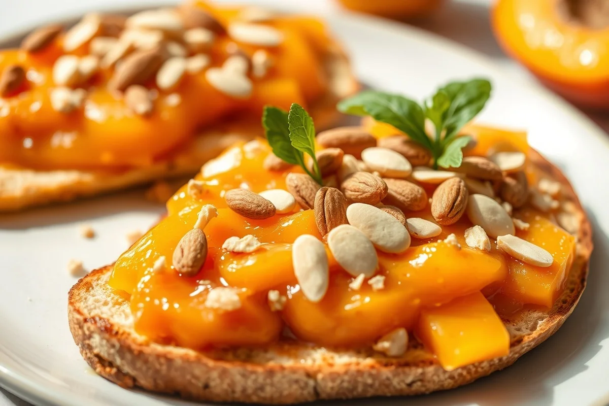 Détail d'une tartine avec confiture d'abricot et miel