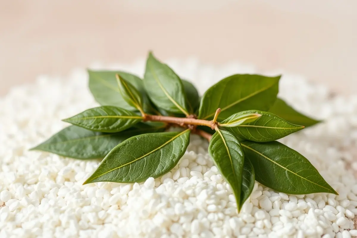 Feuilles de laurier et farine sur fond neutre