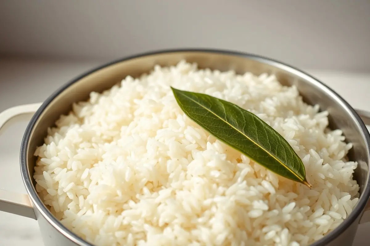 Close-up de Riz Cuit avec Feuille de Laurier