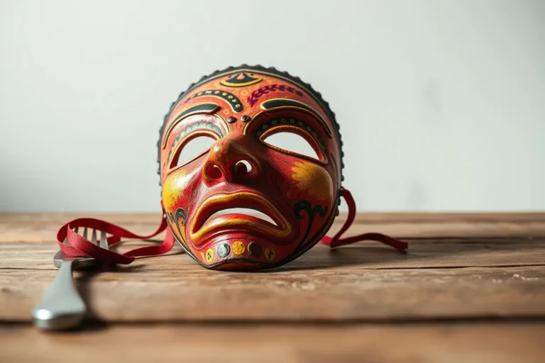 Masque coloré sur table en bois