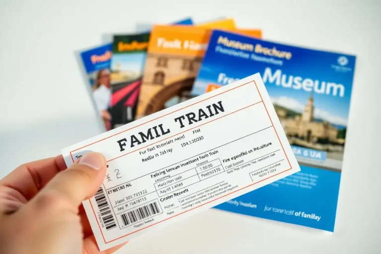 Vue rapprochée d'un ticket de train familial et de brochures colorées