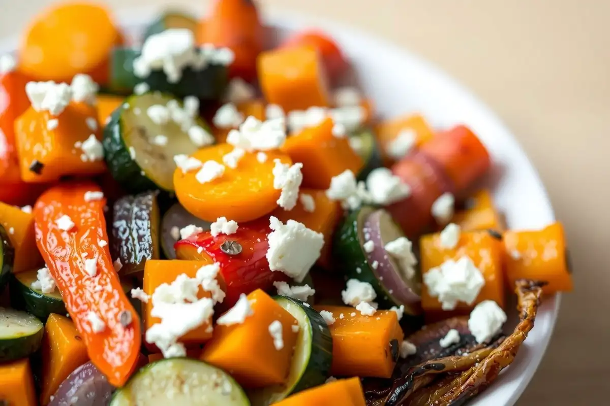 Gros plan sur un plat de légumes d'automne et fromage de chèvre