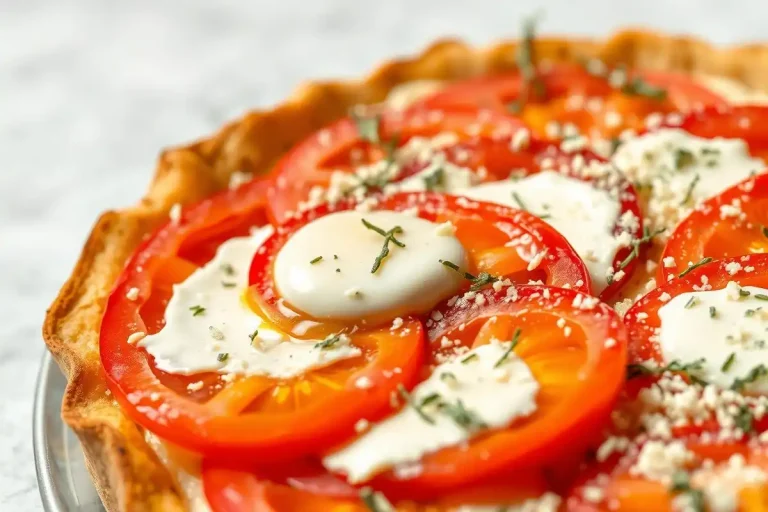 Gros plan sur une tarte croustillante aux tomates et moutarde