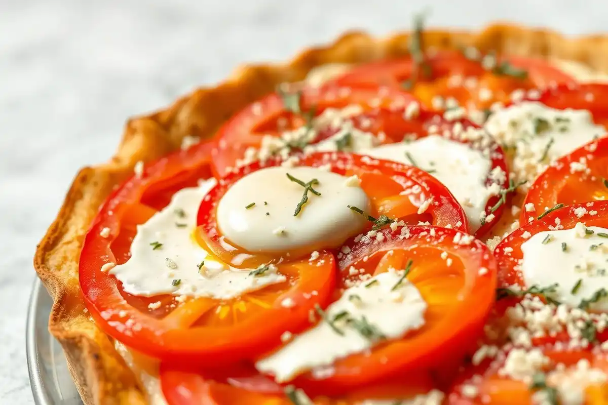 Gros plan sur une tarte croustillante aux tomates et moutarde
