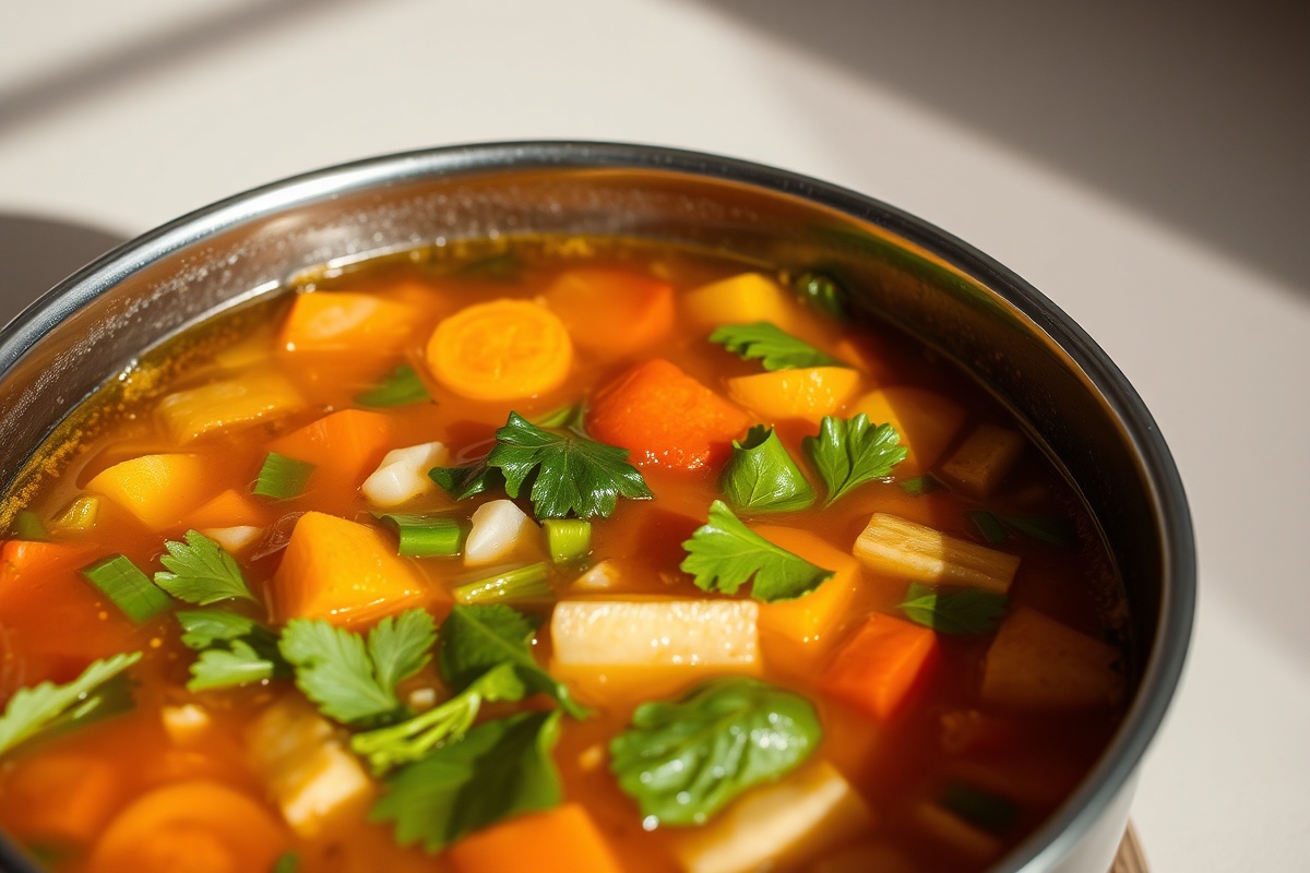 Premier plan d'une soupe de légumes pétillante
