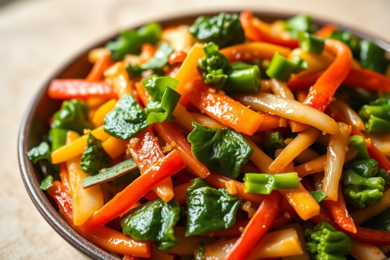 Gros plan d'un sauté de légumes dans la lumière naturelle