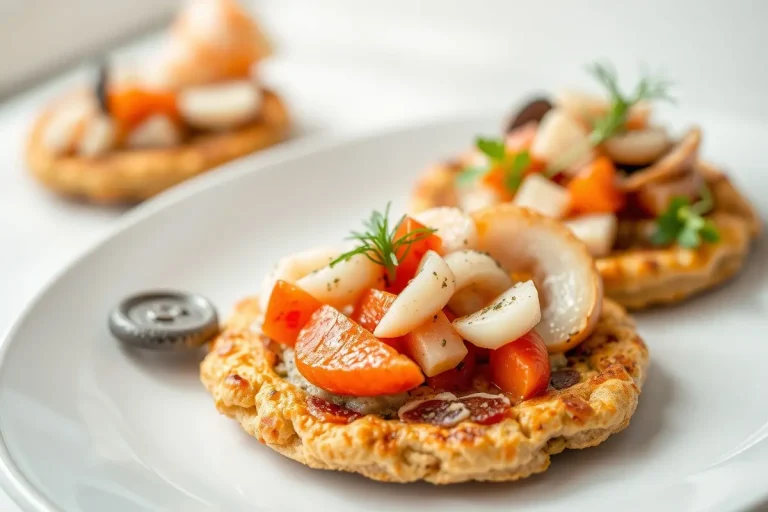 Détails d'un plat de galettes de sarrasin et fruits de mer