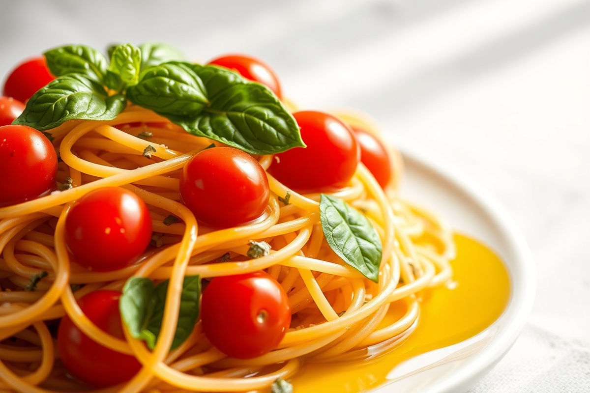 Plat de spaghetti avec tomates cerises et basilic