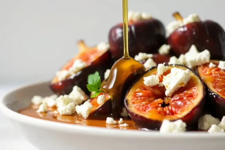 Détail de figues rôties avec miel et feta