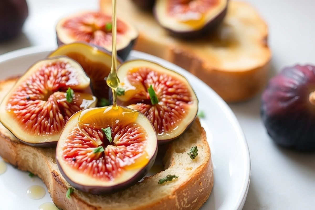 Détail des figues rôties avec miel et thym frais sur toast
