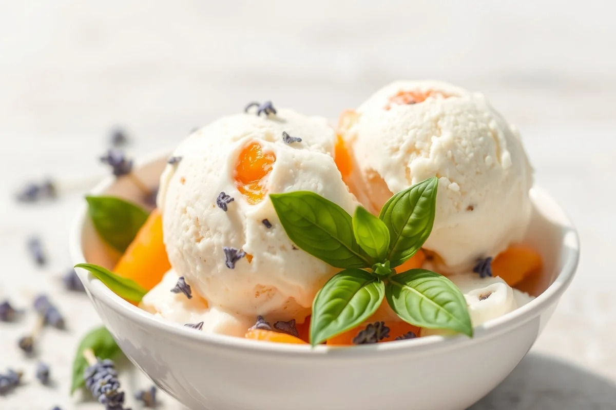 Détail d'une glace artisanale avec lavande et abricot