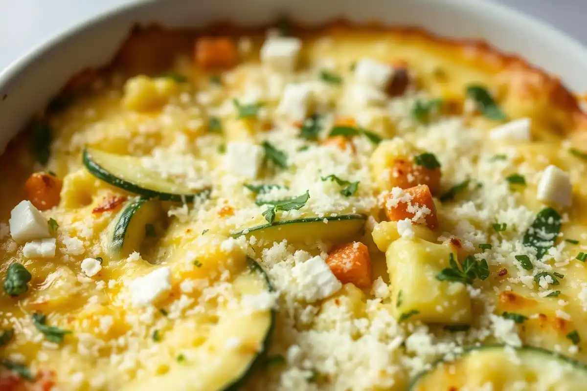 Détail du gratin de courgettes avec fromage et herbes