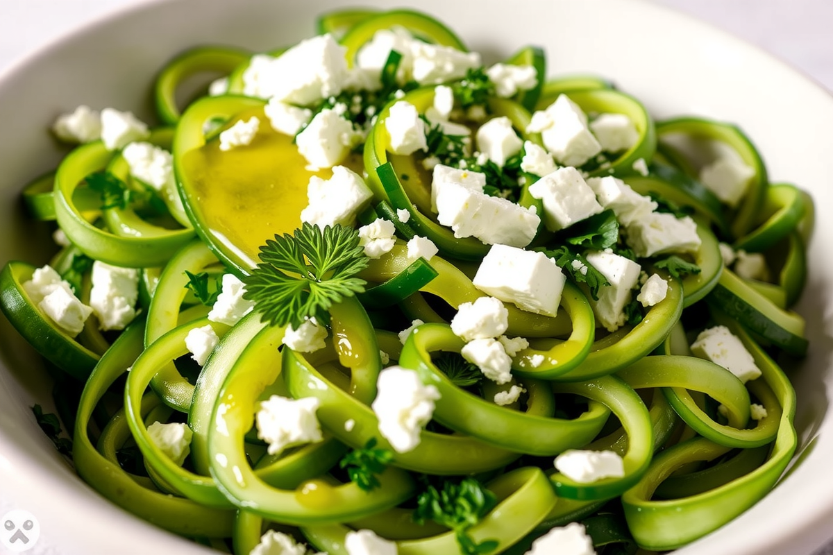 Près de concombres tordus avec herbes fraîches et feta