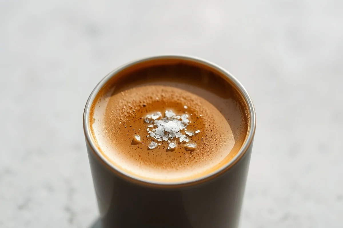 Gros plan d'une tasse de café fumante avec des cristaux de sel