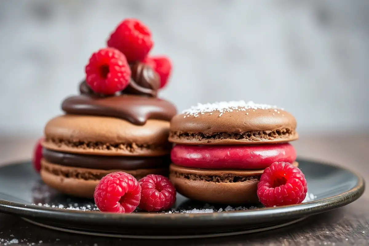 Détails des macarons au chocolat et framboise