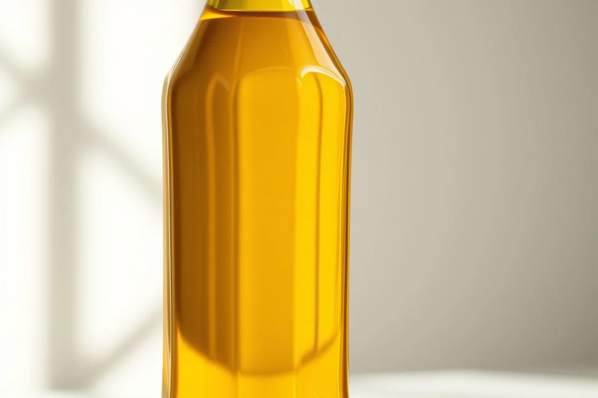 Gros plan sur une bouteille d'huile de tournesol en lumière naturelle