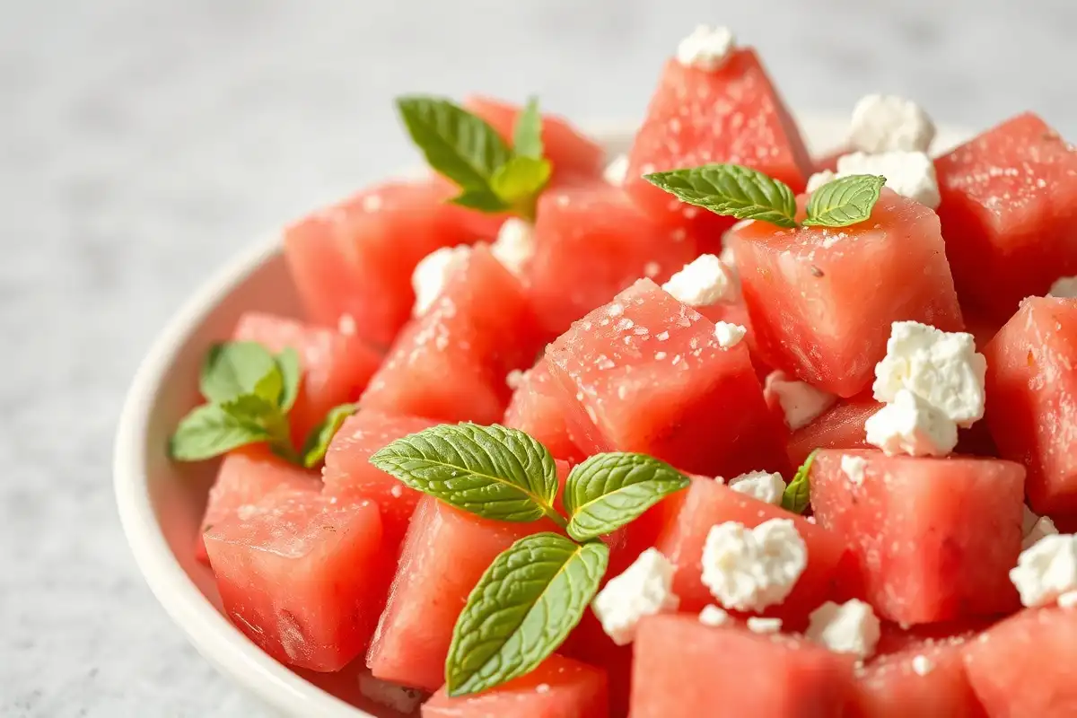 Gros plan sur une salade d'été avec pastèque, menthe et feta