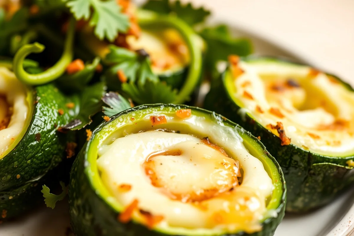Gros plan de roulés de courgettes avec mozzarella fondue