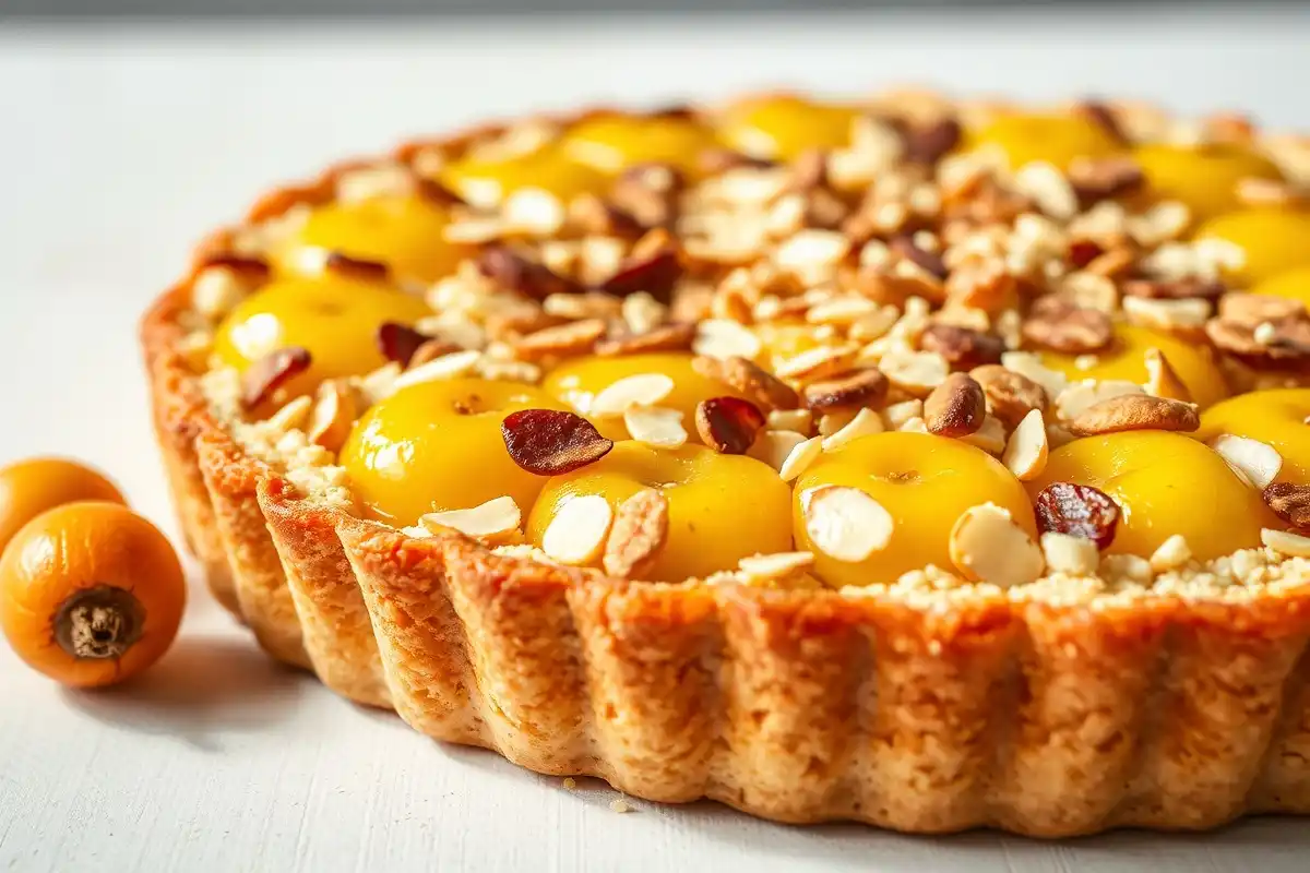 Détail d'une Tarte aux mirabelles avec une croûte dorée