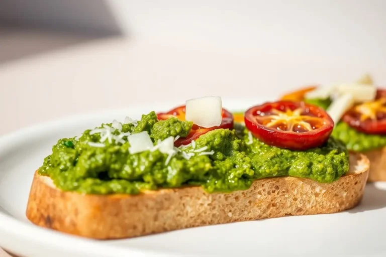 Détails d'une tartine avec pesto et tomates