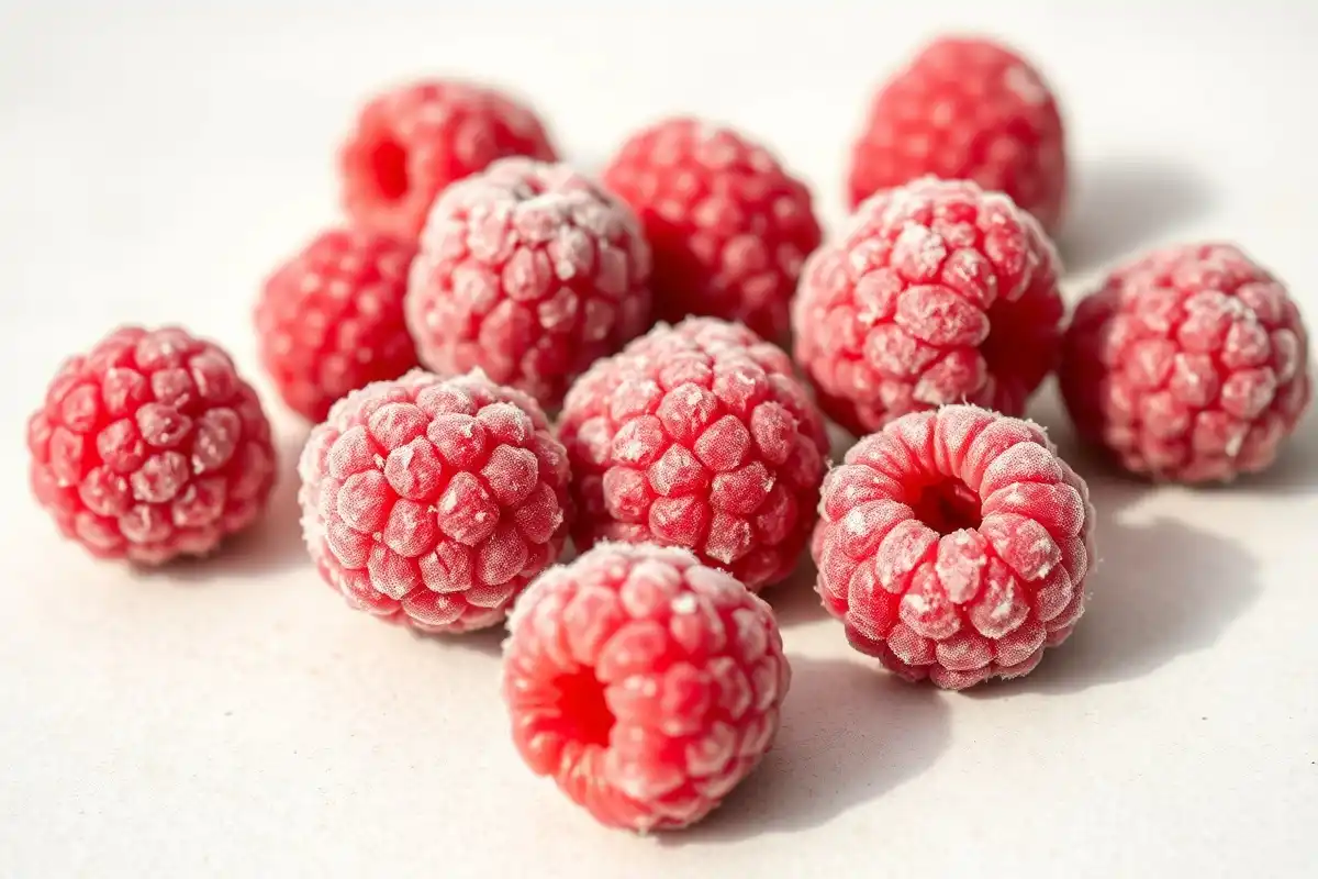 Gros plan de framboises glacées sur fond neutre
