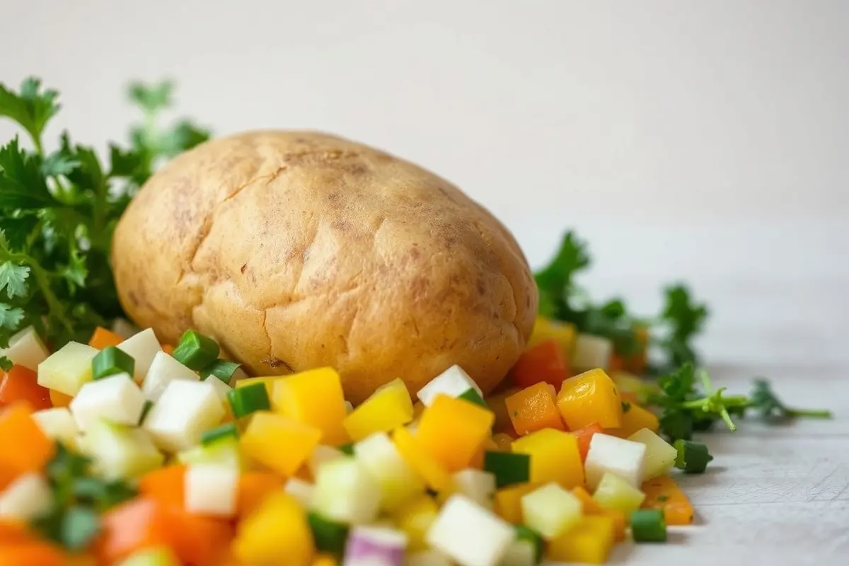 Gros plan sur une pomme de terre crue entourée de légumes