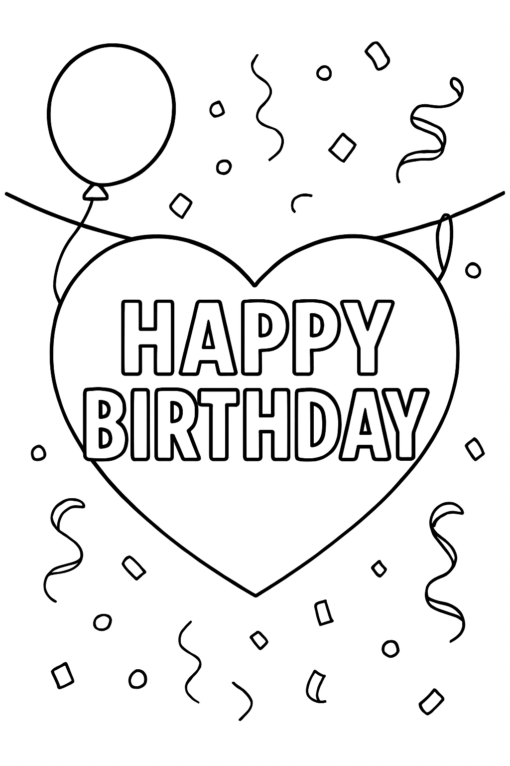 A birthday heart banner with confetti on a black-and-white coloring page with bold outlines.