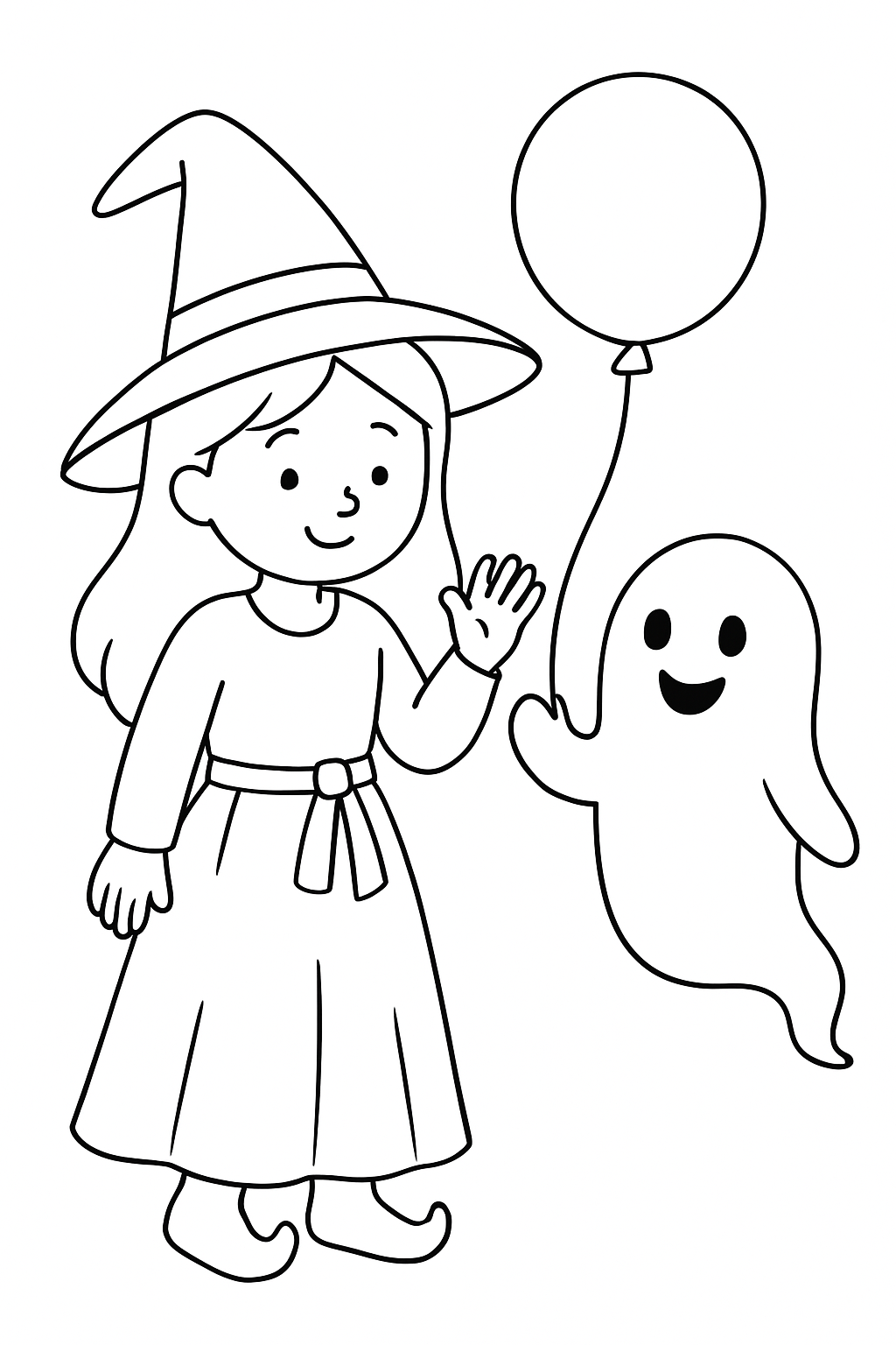 A calm witch waving hello to a friendly ghost on a black-and-white coloring page with bold outlines.
