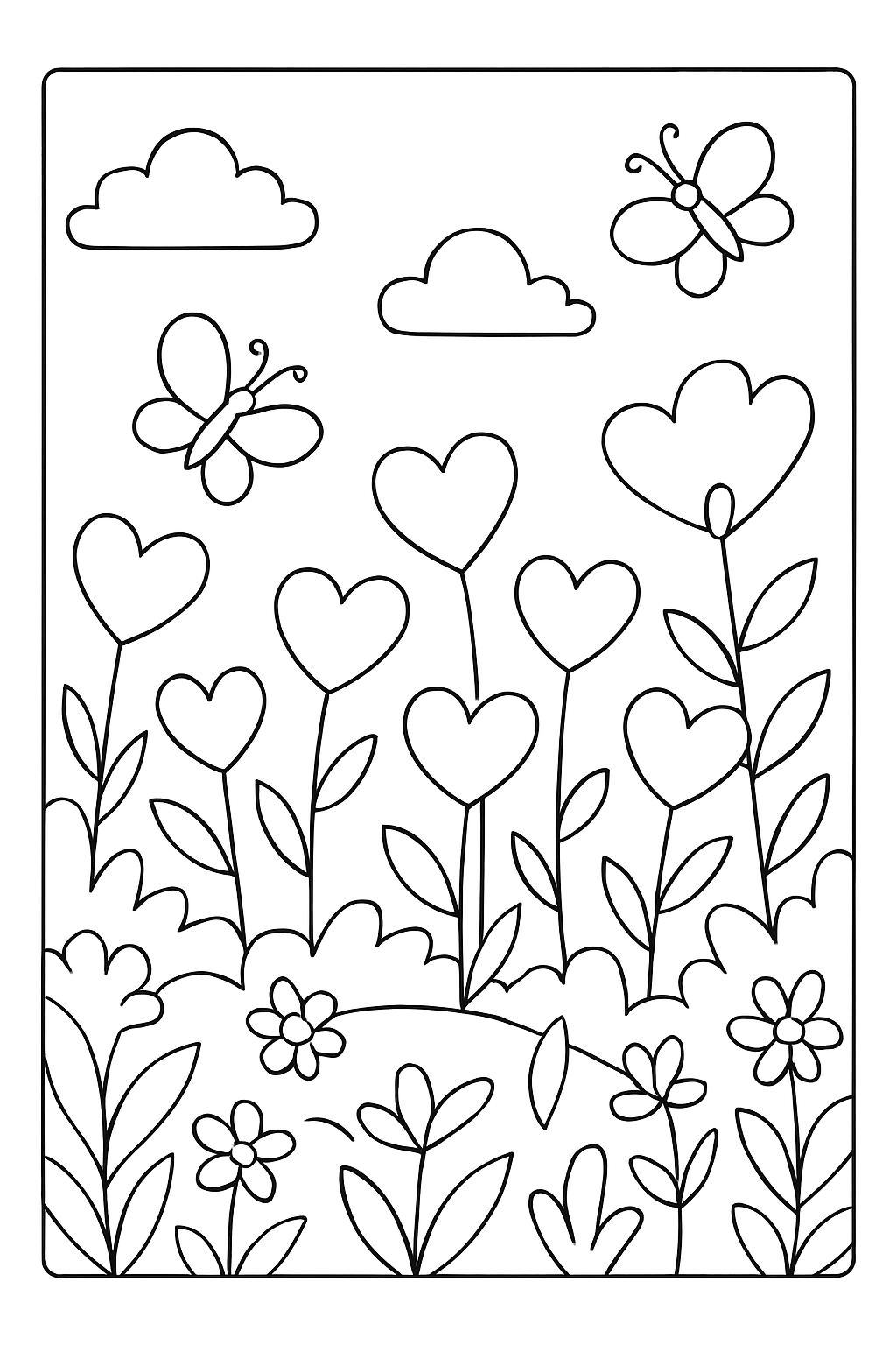 A peaceful garden scene with heart flowers and gentle butterflies on a black-and-white coloring page with bold outlines.