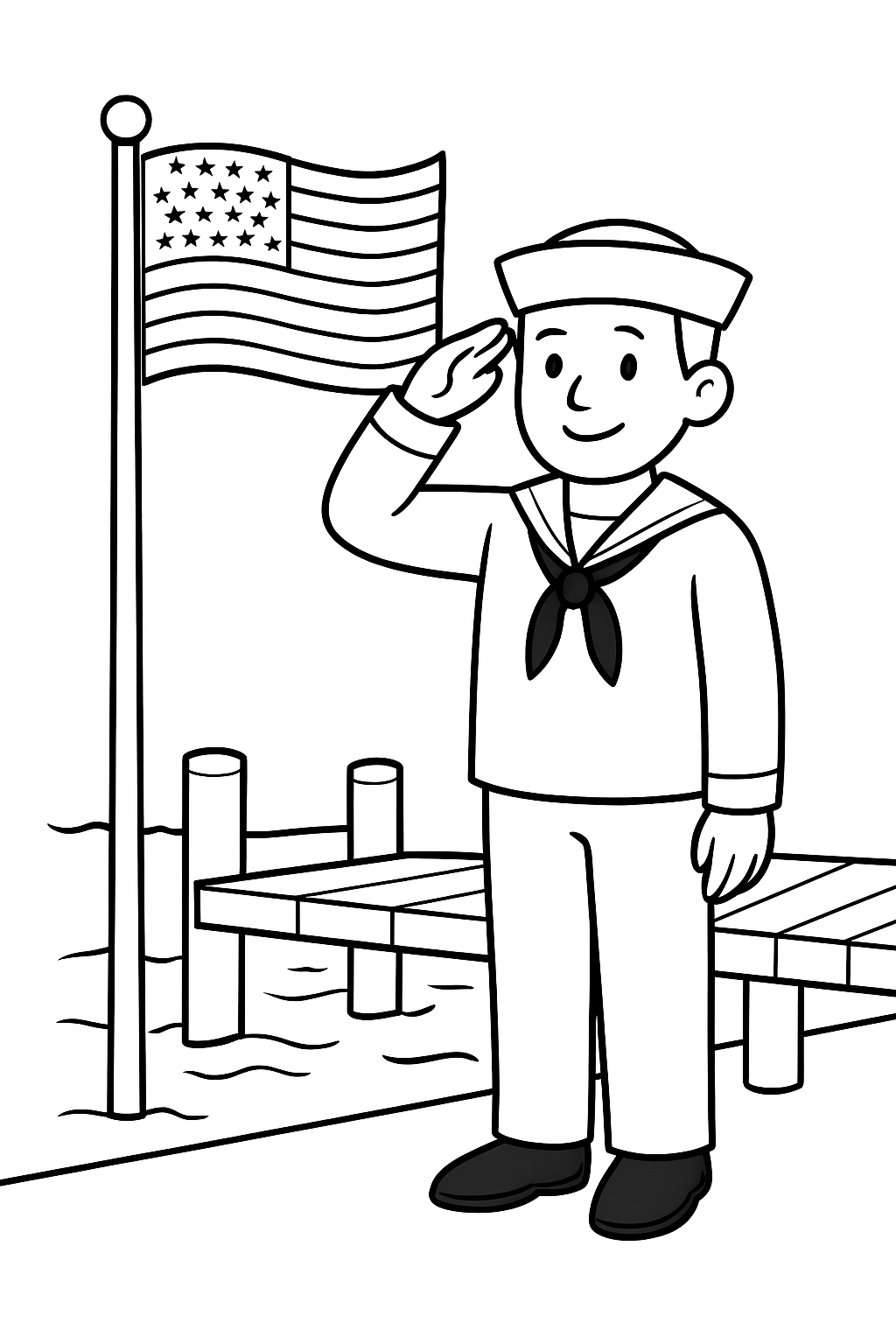 A sailor salutes beside a flag near a pier on a black-and-white coloring page with bold outlines.