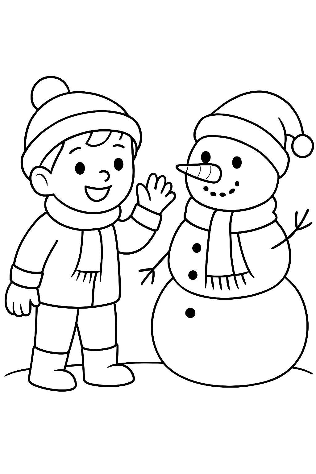 A child interacts with a snowman waving happily on a black-and-white coloring page with bold outlines.