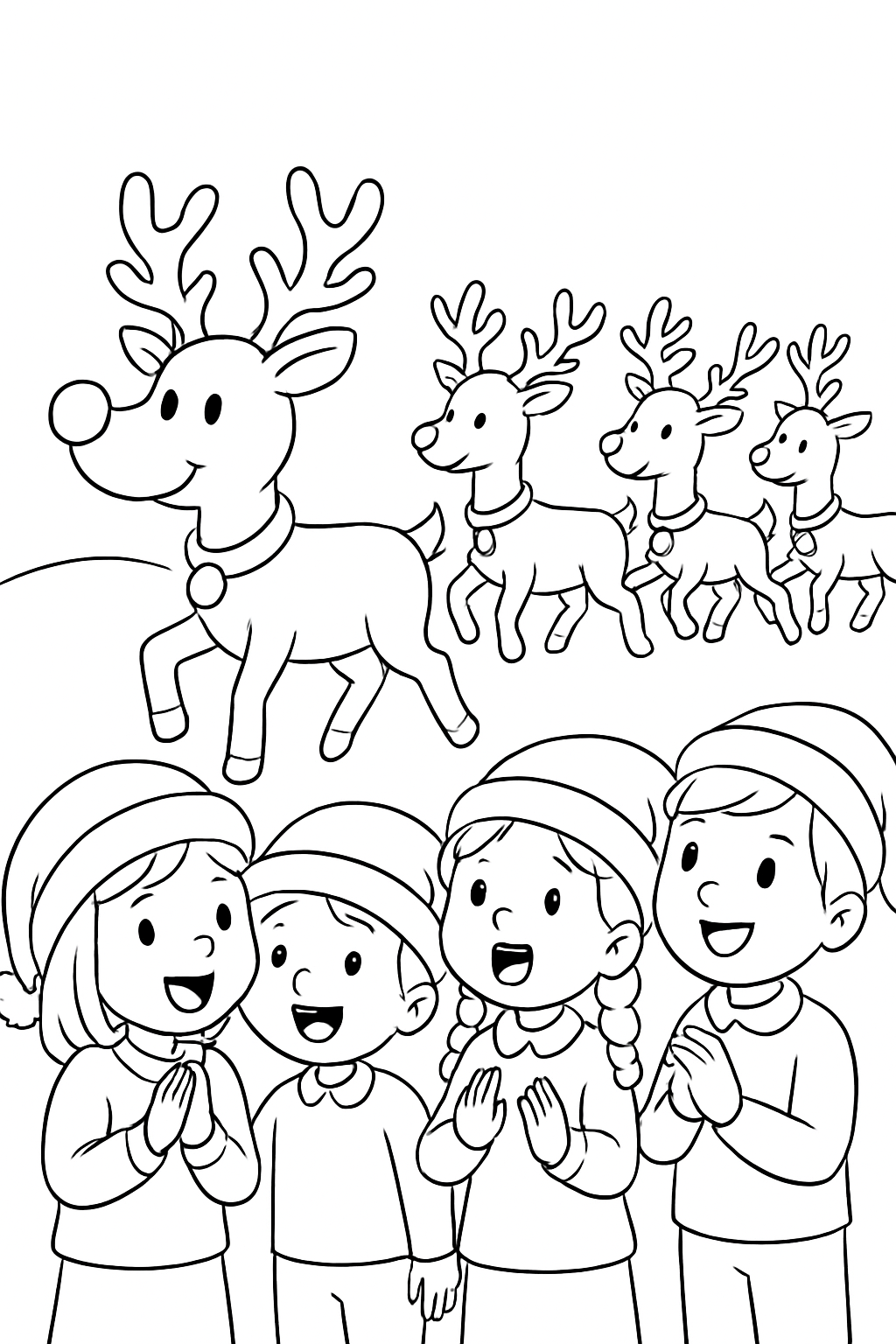 Children watch a Rudolph-led reindeer parade with bells on a black-and-white coloring page with bold outlines.
