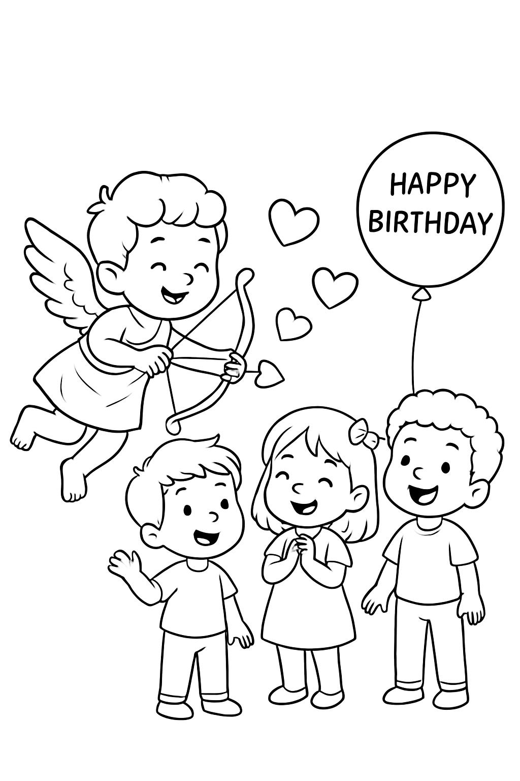 Cupid in action tossing hearts at friends with a birthday balloon on a black-and-white coloring page with bold outlines.