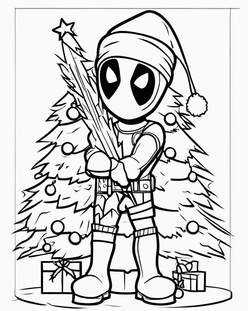 Deadpool decorating a Christmas tree with gifts while wearing a Santa hat on a black-and-white coloring page with bold outlines.