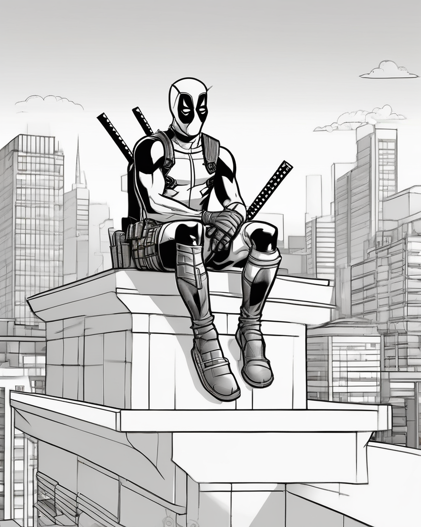 Deadpool sits quietly on a rooftop at sunrise on a black-and-white coloring page with bold outlines.