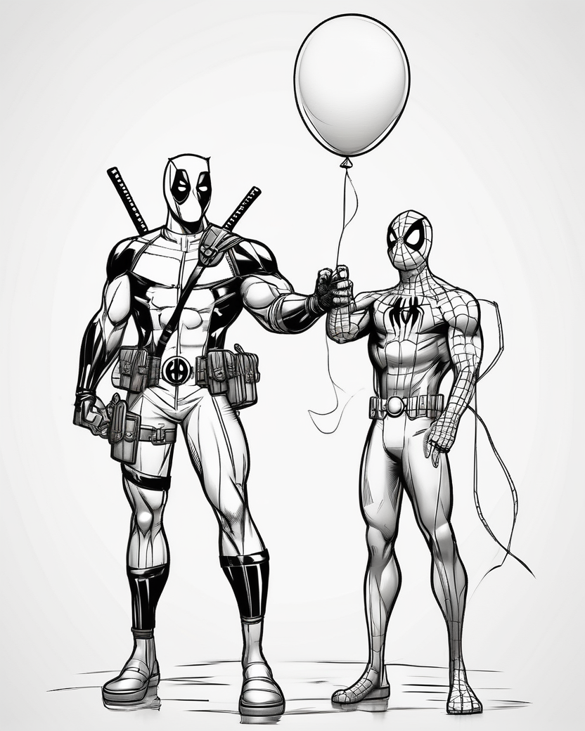 Deadpool and Spider-Man playfully posing together with a balloon on a black-and-white coloring page with bold outlines.