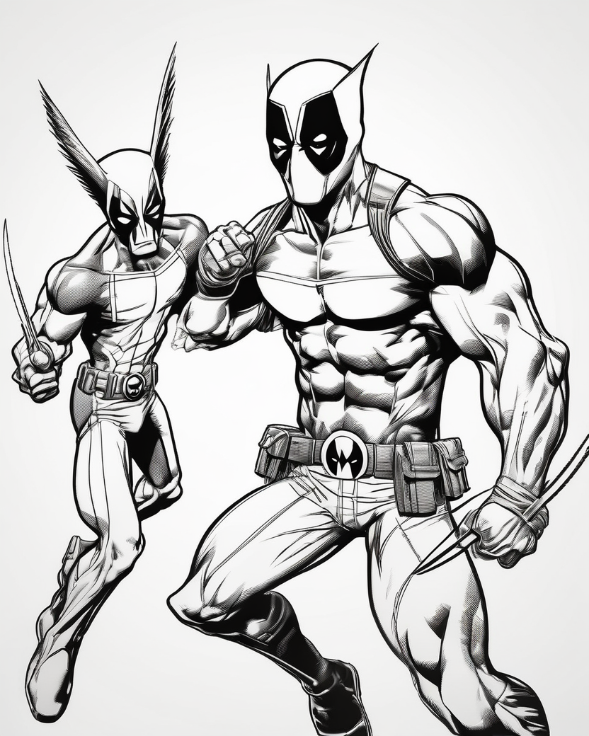 Deadpool and Wolverine playfully clashing with smiles on a black-and-white coloring page with bold outlines.
