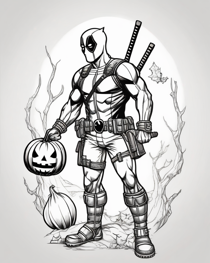 Deadpool in a spooky costume holding a pumpkin on a black-and-white coloring page with bold outlines.