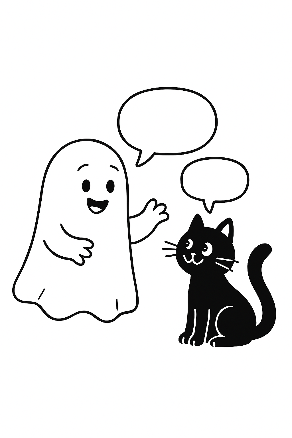 A friendly ghost chatting with a black cat on a black-and-white coloring page with bold outlines.