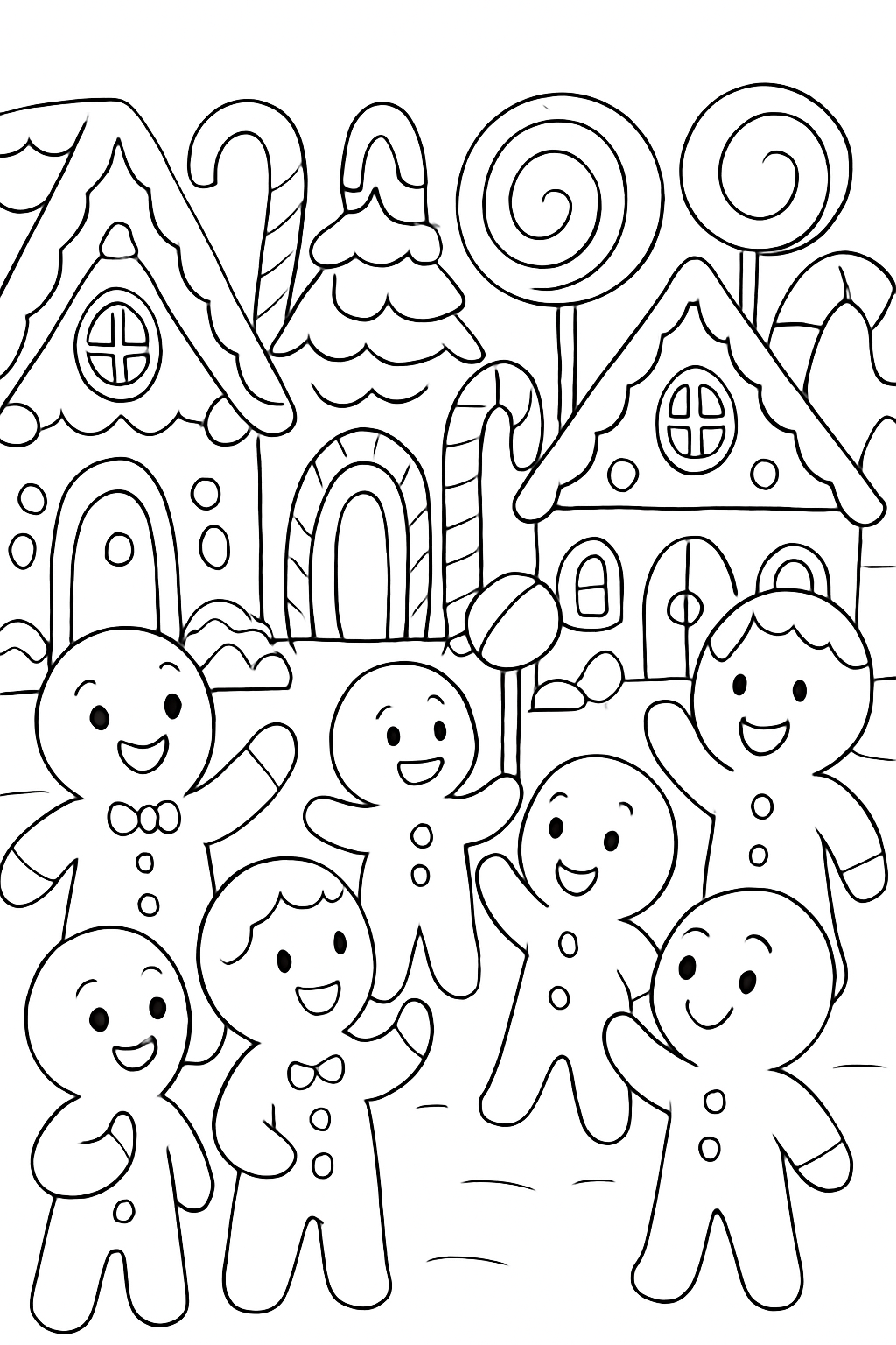 A gingerbread village crowd admires candy decorations on a black-and-white coloring page with bold outlines.