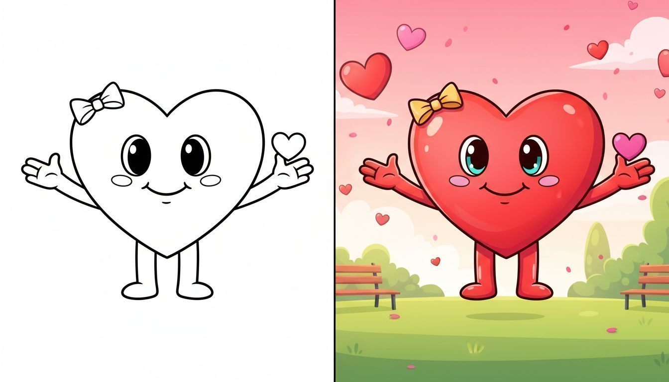 A cheerful heart character with arms outstretched on a black-and-white coloring page with bold outlines.