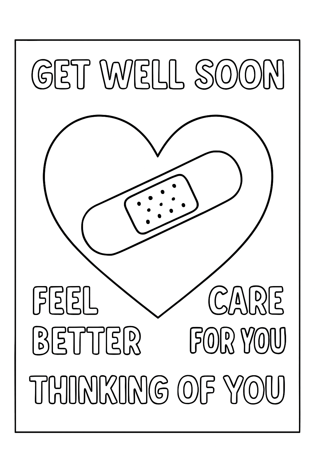A heart with a bandage and caring messages on a black-and-white coloring page with bold outlines.