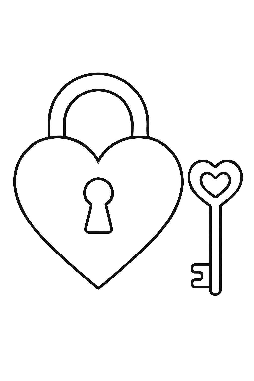 Heart with a key and lock on a black-and-white coloring page with bold outlines.