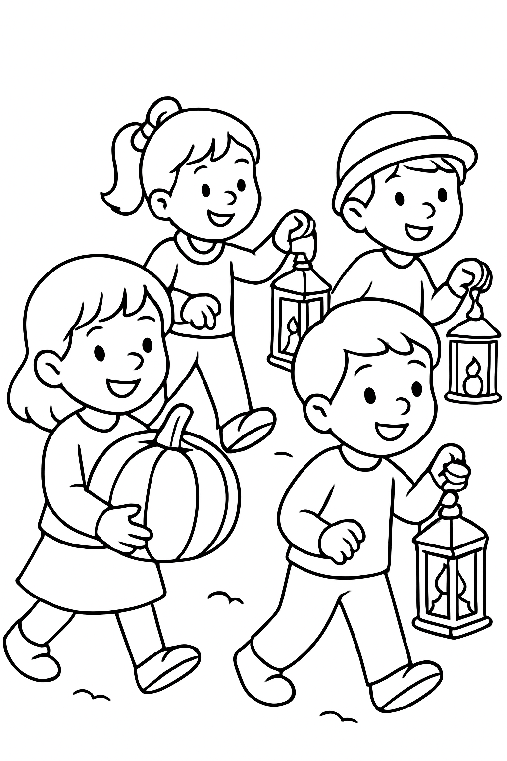 Kids carry pumpkins and parade with lanterns in a festive scene on a black-and-white coloring page with bold outlines.