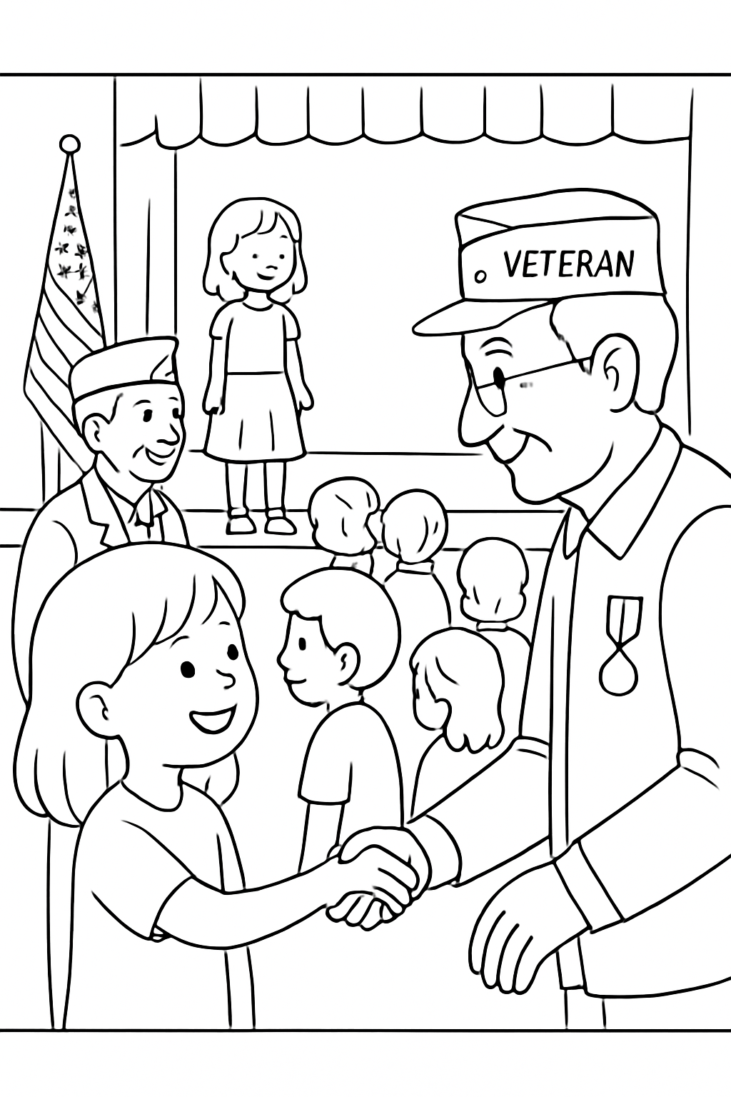 Kids thanking veterans with smiles during a school ceremony on a black-and-white coloring page with bold outlines.
