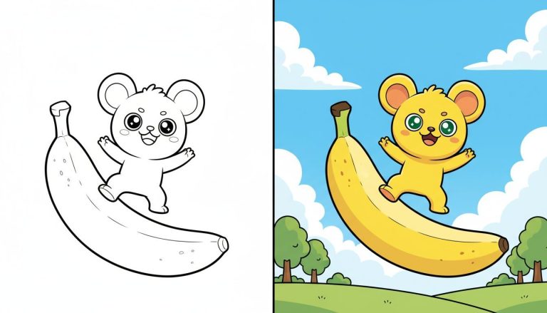 Labubu joyfully bouncing on a giant banana on a black-and-white coloring page with bold outlines.