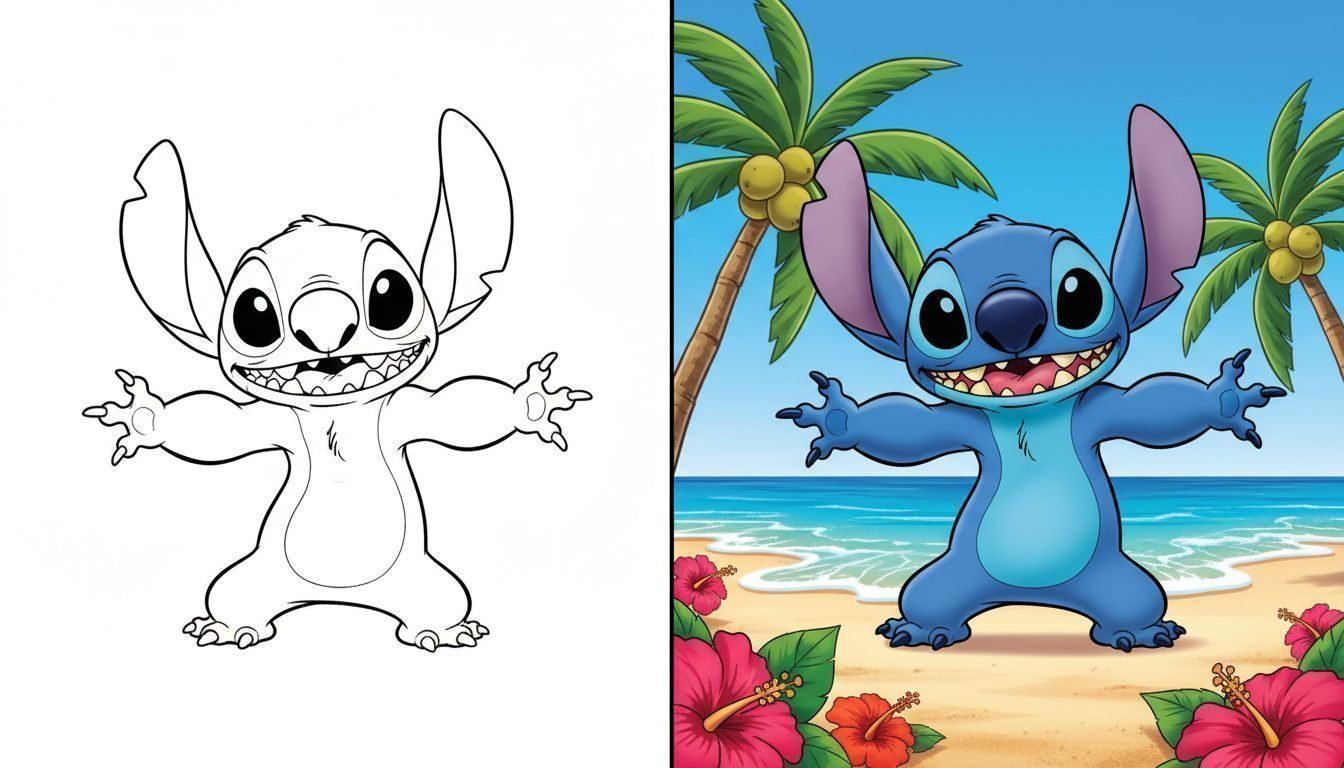 Stitch from Lilo and Stitch in a playful pose on a black-and-white coloring page with bold outlines.