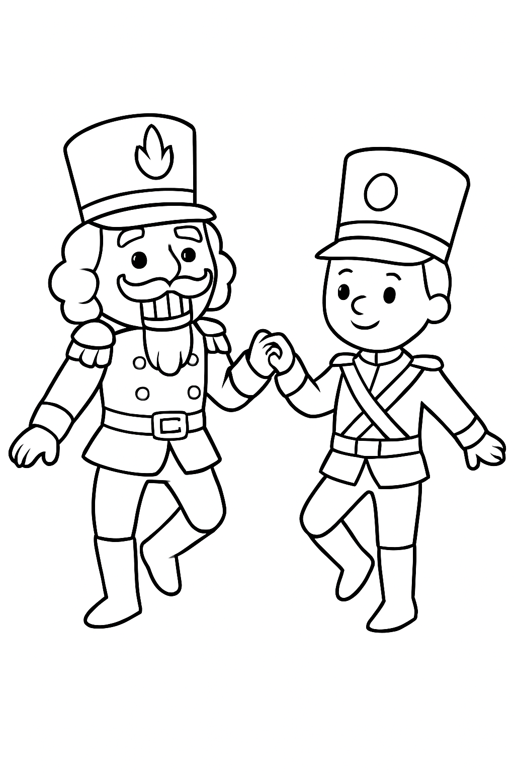 Nutcracker dances with a toy soldier friend on a black-and-white coloring page with bold outlines.