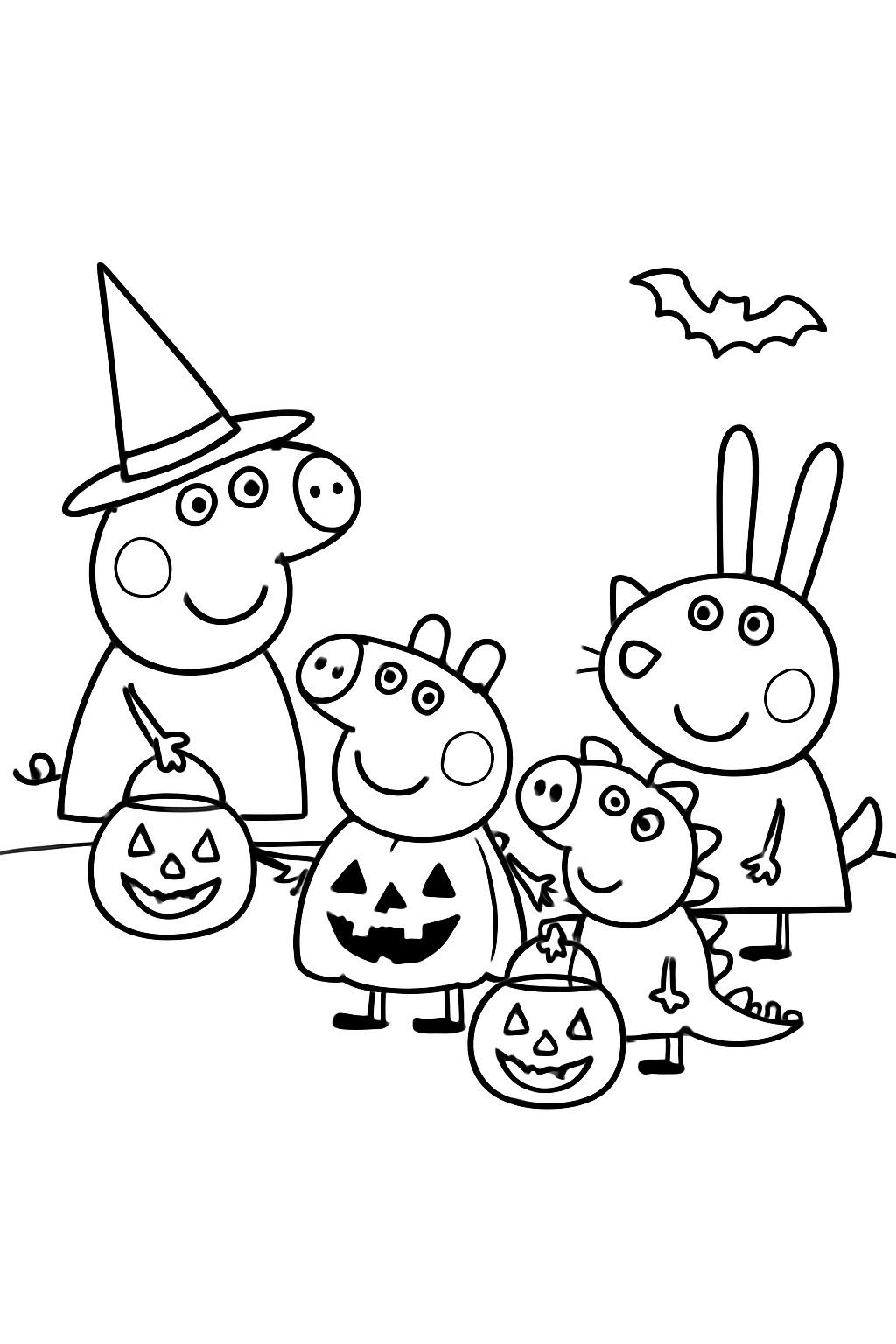 Peppa Pig and friends in Halloween costumes collecting candy on a black-and-white coloring page with bold outlines.