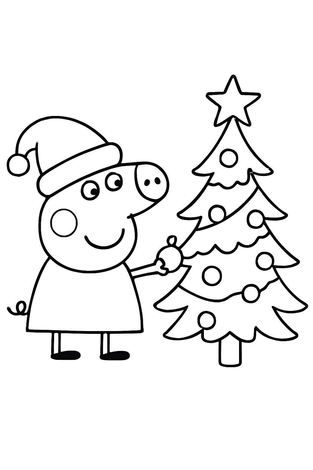 Peppa Pig and friends decorating a Christmas tree on a black-and-white coloring page with bold outlines.